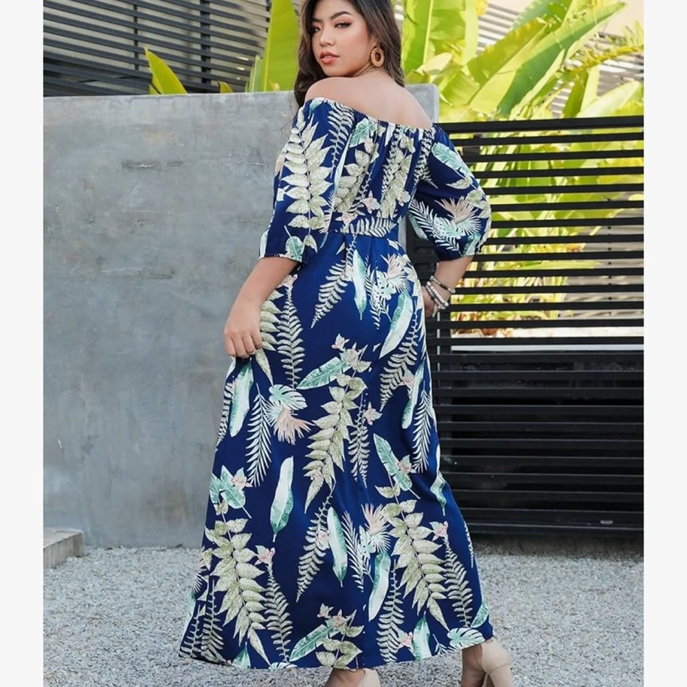 Off-Shoulder Blue Maxi Dress with Leaf Print - Picture 2 of 4